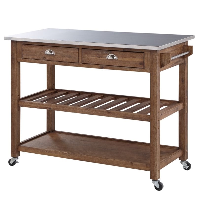 Bowery Hill 2-Drawer Farmhouse Wood Kitchen Cart with Casters in Barnwood Brown