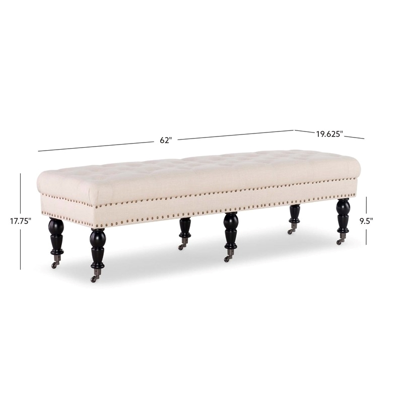 Bowery Hill Fabric Beige Bench Rectangular Metal Casters 62