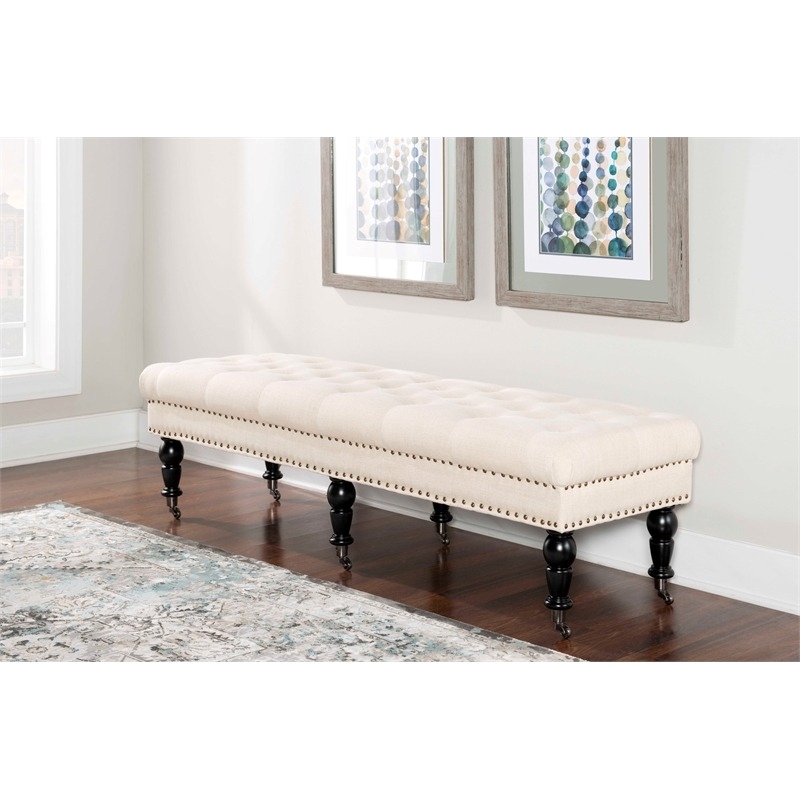 Bowery Hill Fabric Beige Bench Rectangular Metal Casters 62