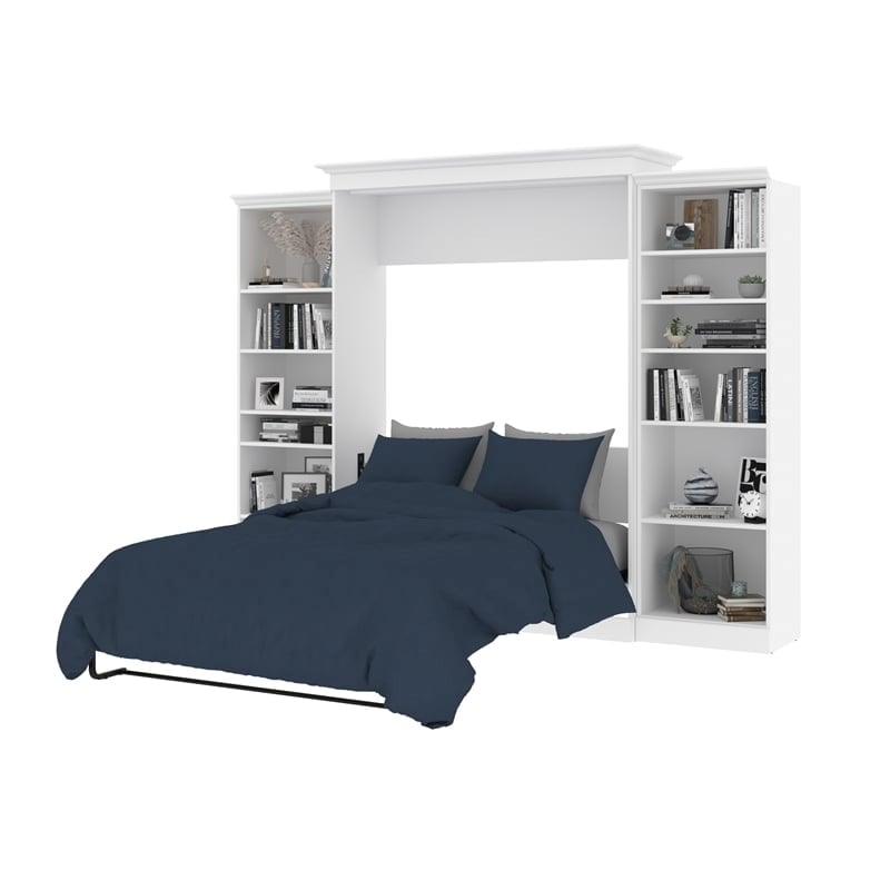 Bowery Hill Queen Size Murphy Bed in Wood with Shelves in White - Easy Assembly