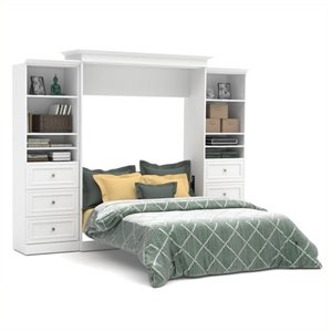 Bowery Hill Queen Size Murphy Bed in Wood with Storage and Shelves in White