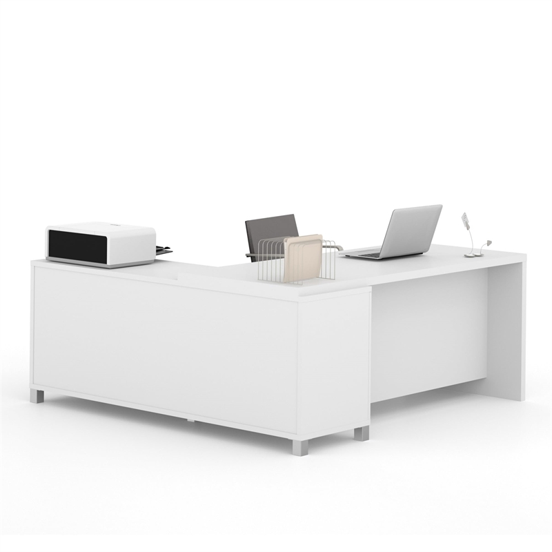 Bowery Hill Melamine White L-Desk Square Reversible 71.1