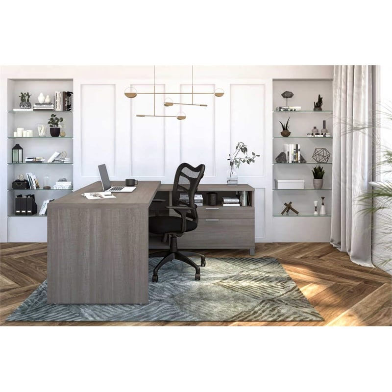 Bowery Hill Modern Wood L-Shaped Home Office Desk in Bark Gray