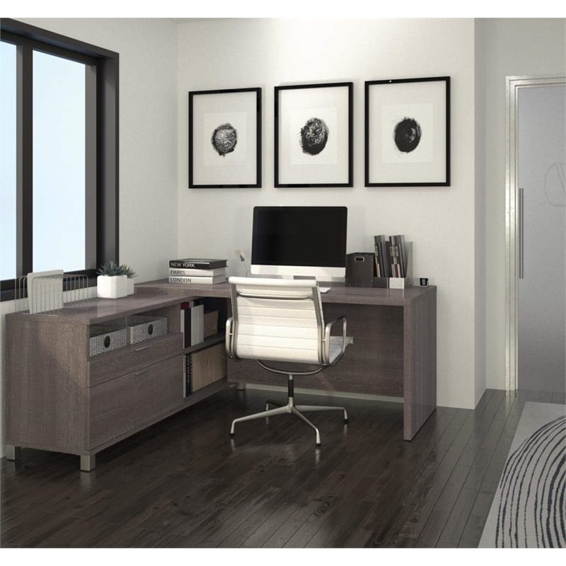 Bowery Hill Modern Wood L-Shaped Home Office Desk in Bark Gray