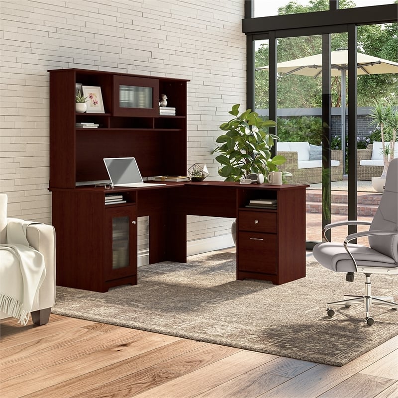 Bowery Hill Transitional Engineered Wood L-Computer Desk with Hutch in Cherry