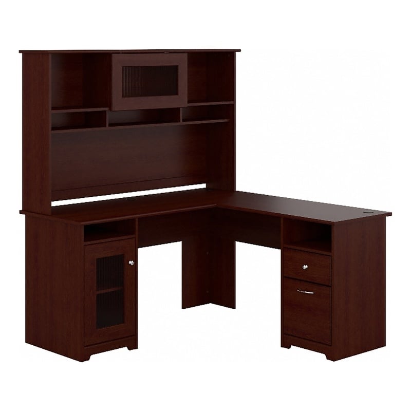 Bowery Hill Transitional Engineered Wood L-Computer Desk with Hutch in Cherry
