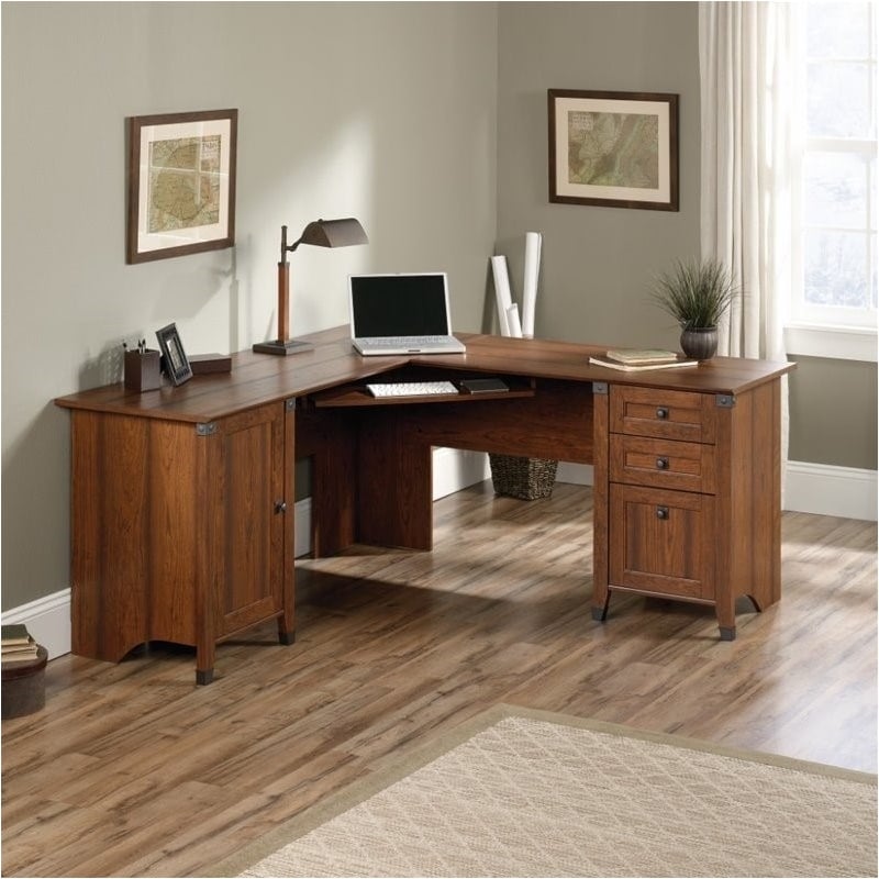 Bowery Hill Contemporary Wood L-Shaped Computer Desk in Washington Cherry