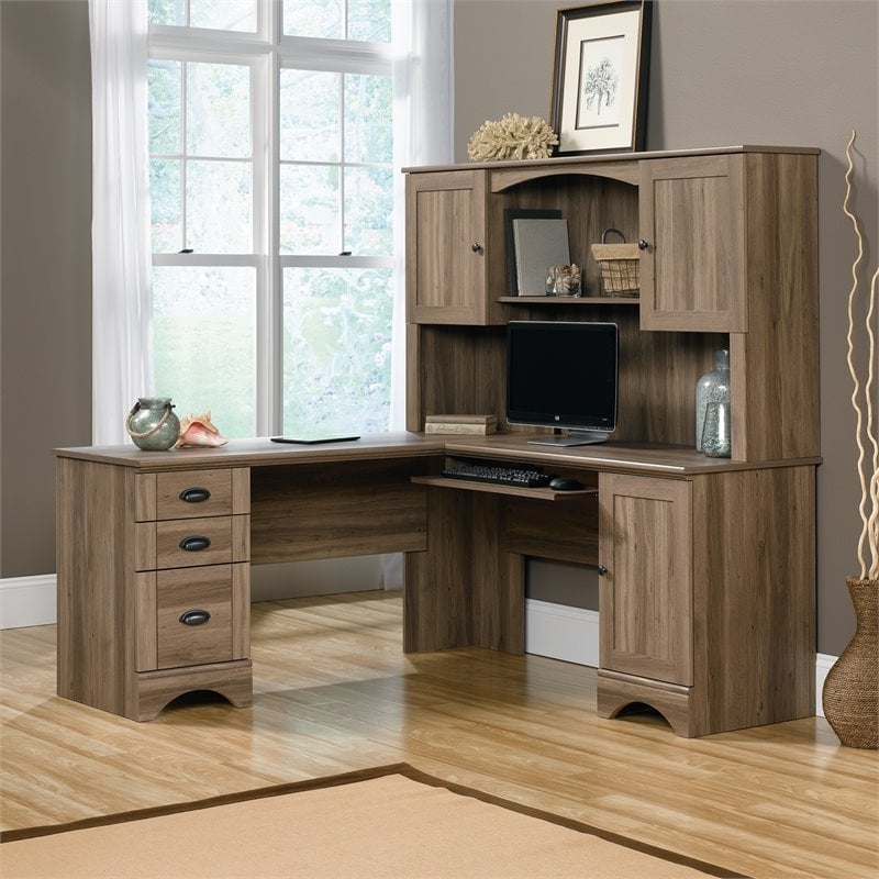 Bowery Hill L-Shaped Contemporary Engineered Wood Computer Desk in Salt Oak