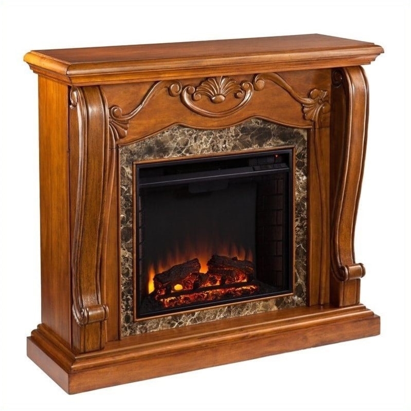Bowery Hill Pine Wood and Faux Marble Electric Fireplace in Walnut Finish
