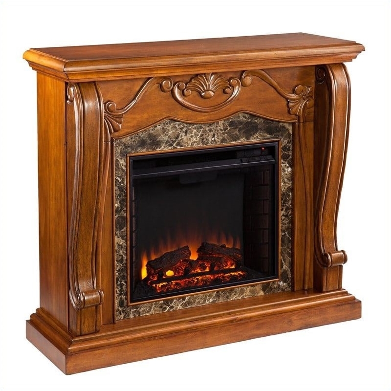 Bowery Hill Pine Wood and Faux Marble Electric Fireplace in Walnut Finish