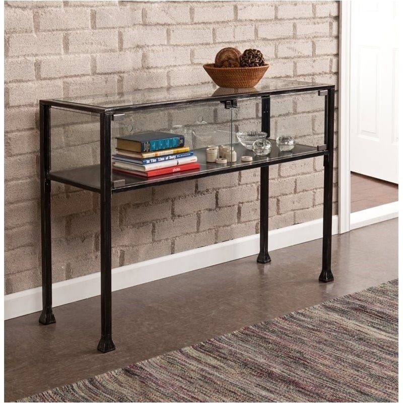 bowery hill display console table in black and silver finish