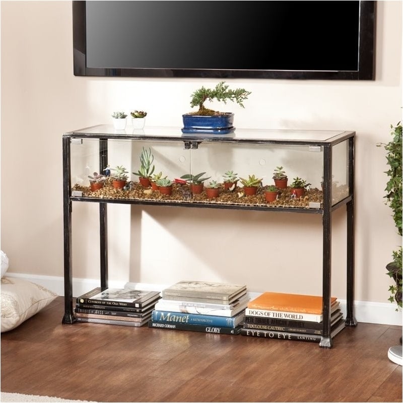 bowery hill display console table in black and silver finish