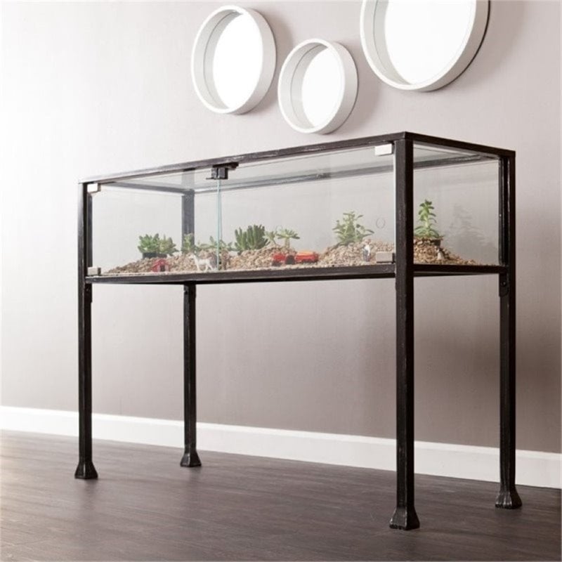 bowery hill display console table in black and silver finish