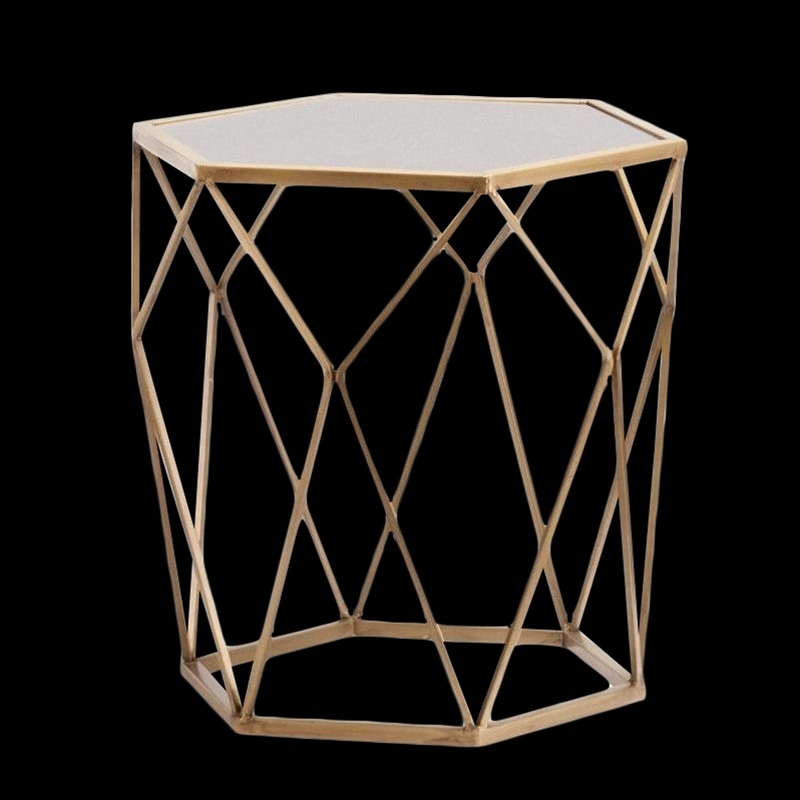 bowery hill geometric accent end table in gold with antique mirror