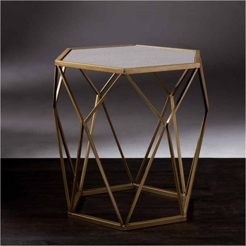 bowery hill geometric accent end table in gold with antique mirror