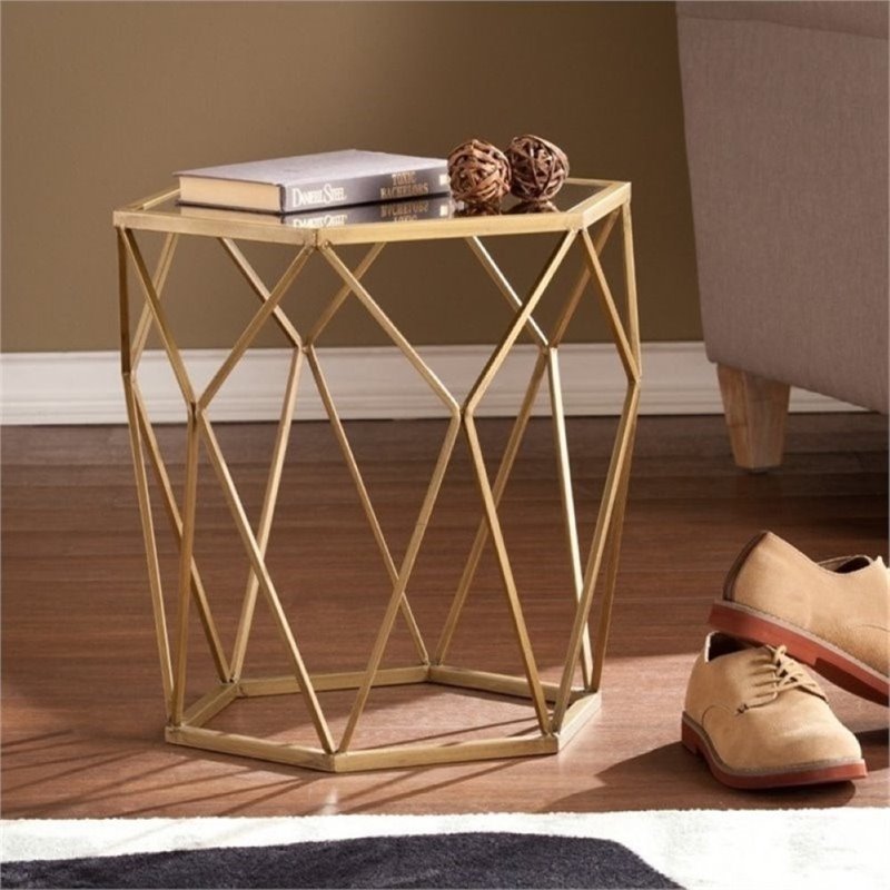 bowery hill geometric accent end table in gold with antique mirror