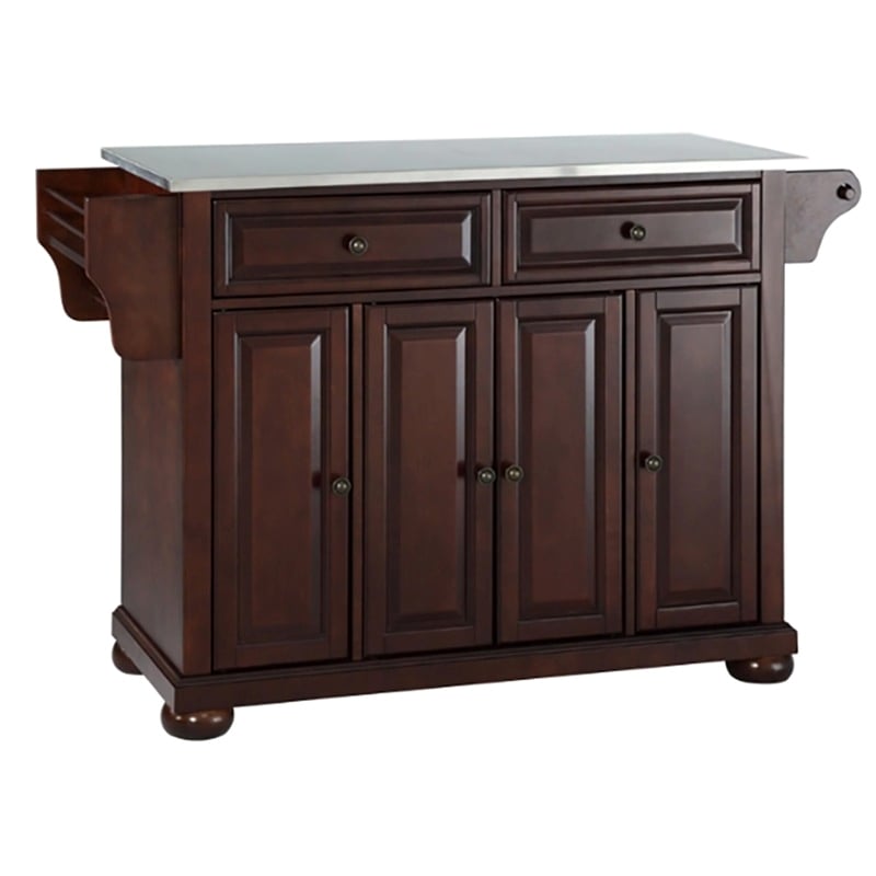 Bowery Hill Wood Kitchen Island with Stainless Steel Top in Mahogany