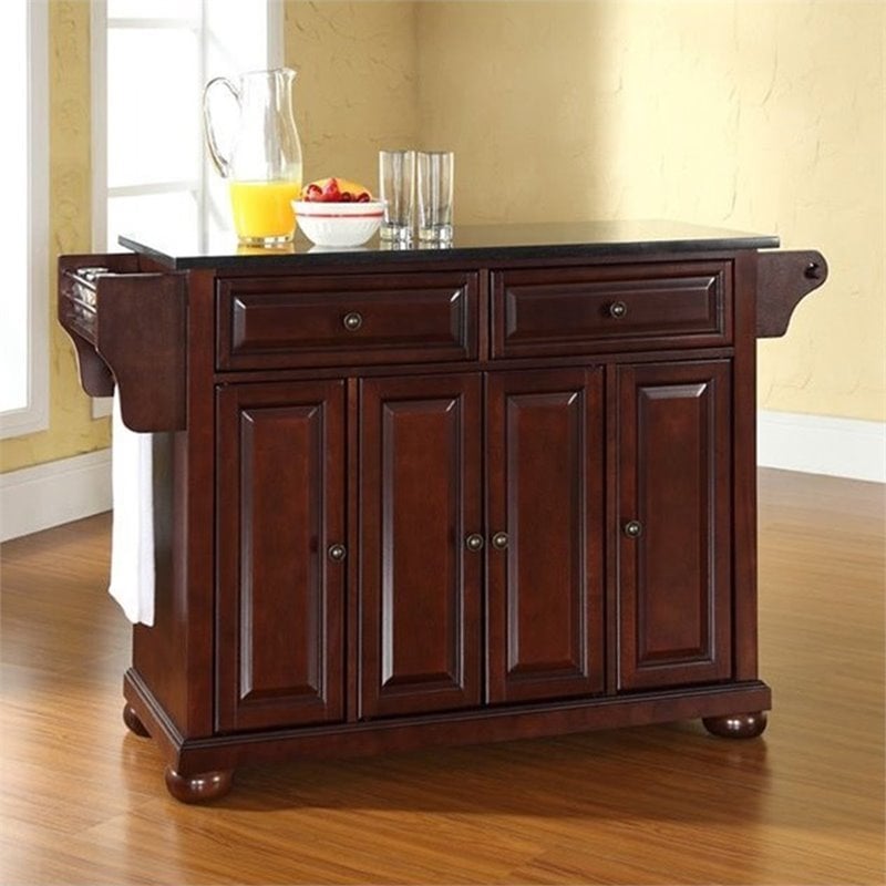 Bowery Hill Traditional Wood Kitchen Island w/ Granite Top in Mahogany/Black