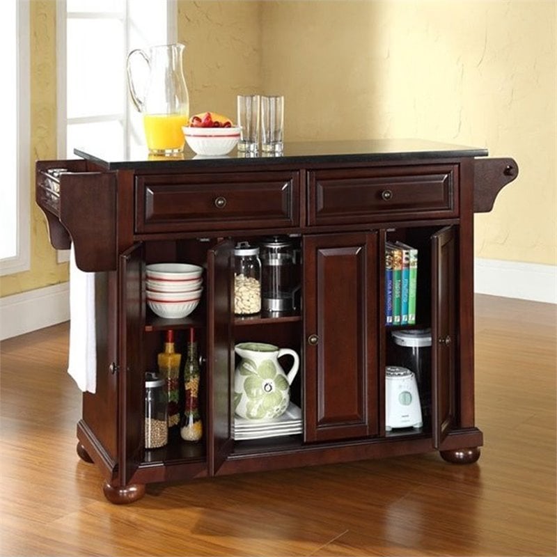 Bowery Hill Traditional Wood Kitchen Island w/ Granite Top in Mahogany/Black