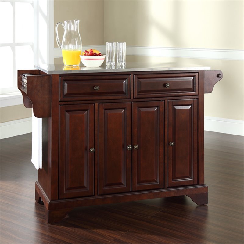 Bowery Hill Traditional Wood Kitchen Island w/ Stainless Steel Top in Mahogany