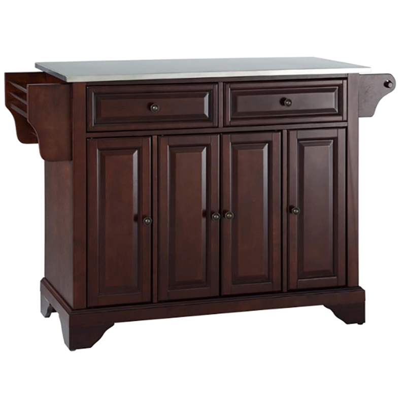 Bowery Hill Traditional Wood Kitchen Island w/ Stainless Steel Top in Mahogany