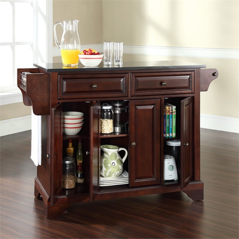 Bowery Hill Traditional Wood Kitchen Island with Granite Top in Black/Mahogany