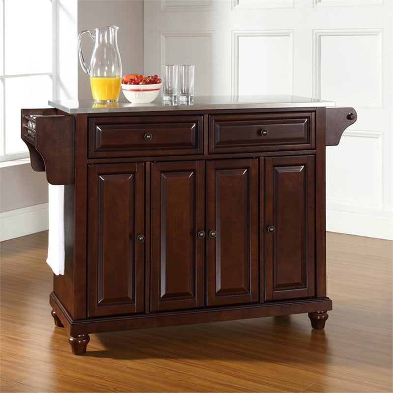 Bowery Hill Traditional Wood Kitchen Island with Stainless Steel Top in Mahogany