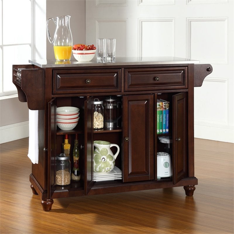 Bowery Hill Traditional Wood Kitchen Island with Stainless Steel Top in Mahogany