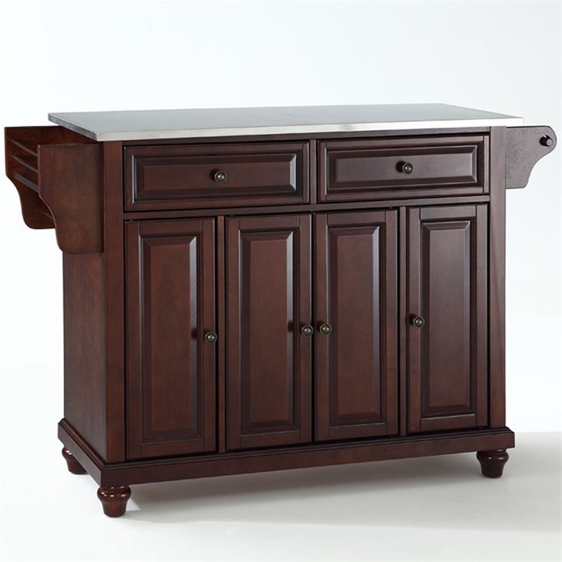 Bowery Hill Traditional Wood Kitchen Island with Stainless Steel Top in Mahogany