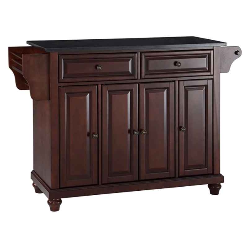 Bowery Hill Traditional Wood Kitchen Island with Granite Top in Mahogany/Black