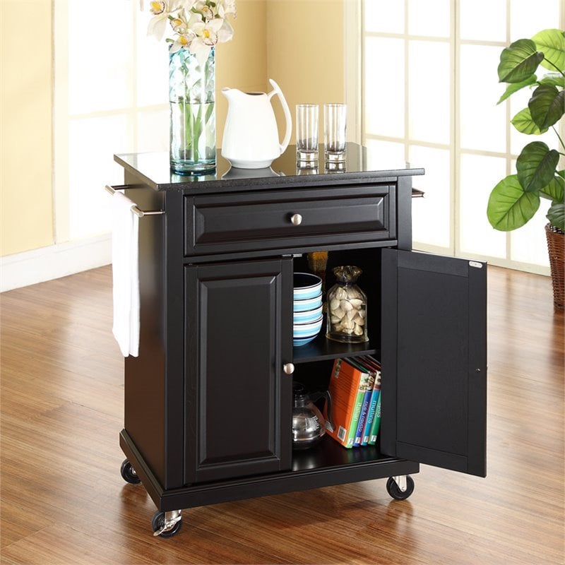 Bowery Hill Solid Black Granite Top Kitchen Cart in Black