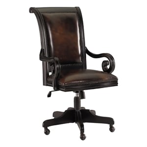 bowery hill rustic wood/leather swivel office chair in black/reddish brown