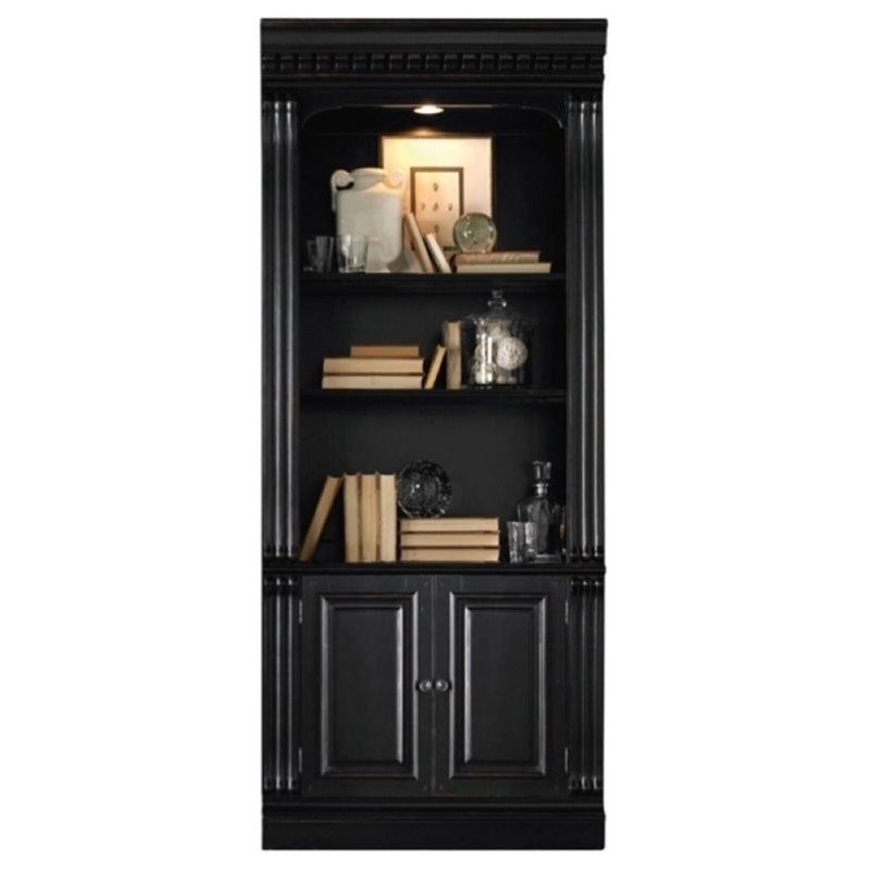 Bowery Hill 3-Shelf Transitional Wood Bookcase with 2 Doors in Black