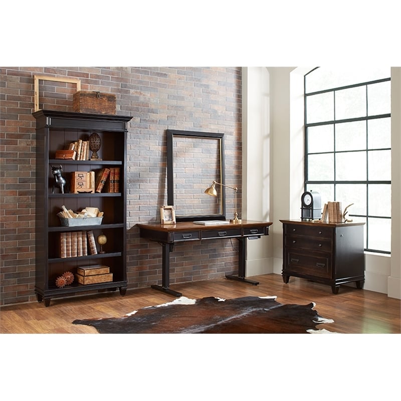 Bowery Hill 4 Shelves Traditional Wood Bookcase in Distressed Black