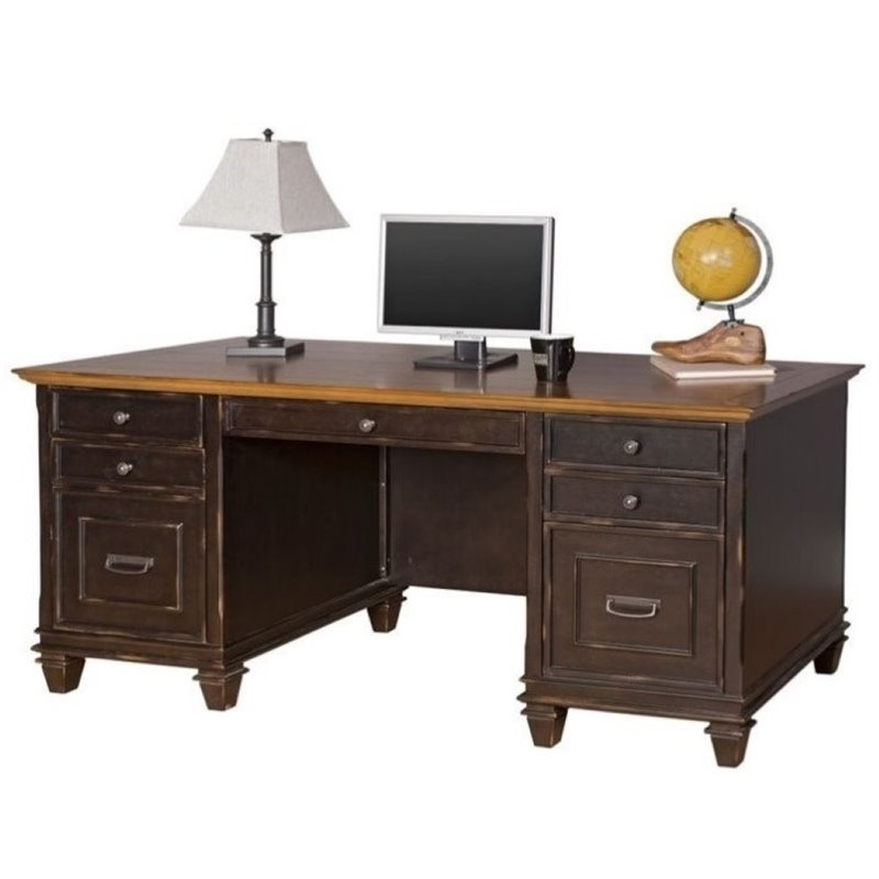 Bowery Hill Double Pedestal Computer Desk In Distressed Two Tone Bowery Hill Double Pedestal Computer Desk In Distressed Two Tone