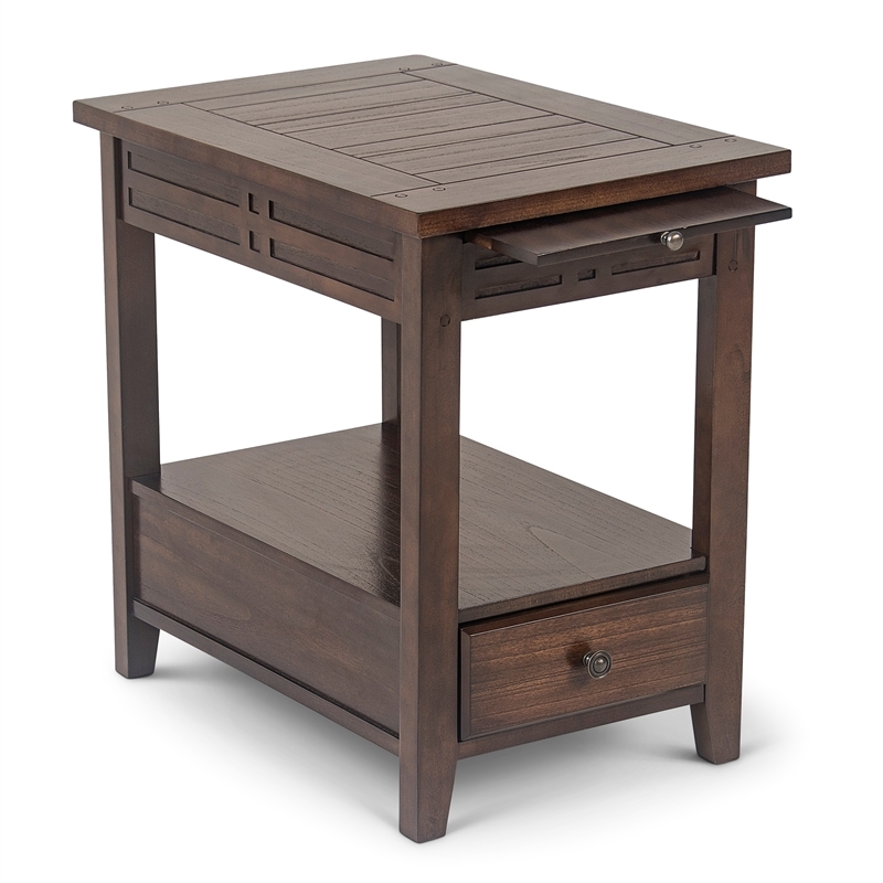 Bowery Hill Rustic Wood Chairside End Table with Pull-out Tray in Cherry