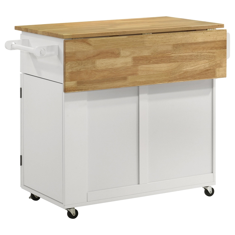Bowery Hill Transitional Wood Kitchen Cart with Drop Leaf in Natural Brown/White
