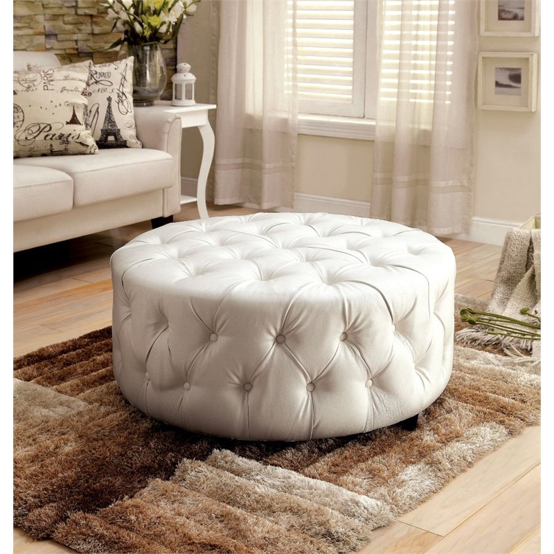 Bowery Hill Round Tufted Leather, Round White Leather Ottoman