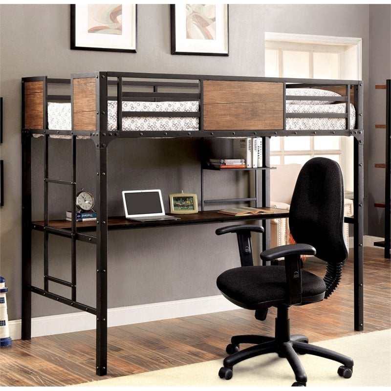 Bowery Hill Modern Metal Twin over Workstation Bunk Bed in Black
