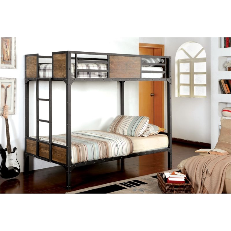 Bowery Hill Modern Steel Metal/Wood Twin over Twin Bunk Bed in Black