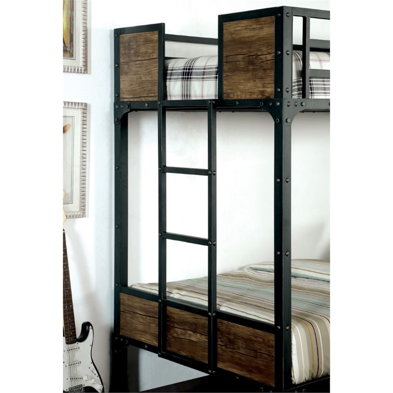 Bowery Hill Modern Steel Metal/Wood Twin over Twin Bunk Bed in Black