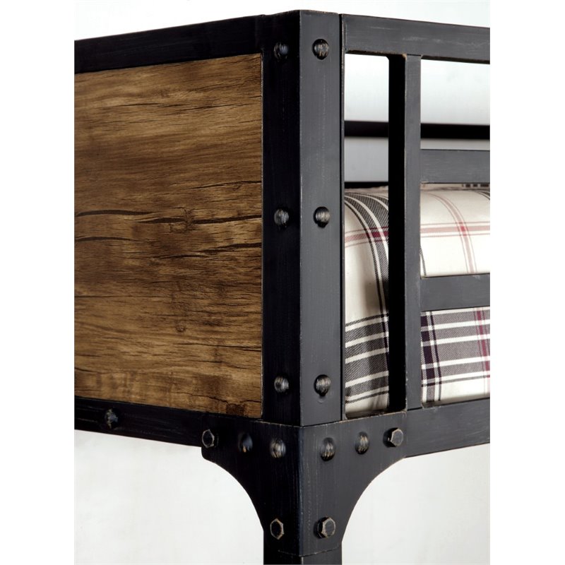 Bowery Hill Modern Steel Metal/Wood Twin over Twin Bunk Bed in Black