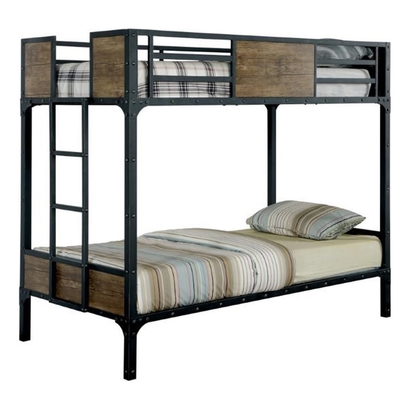 Bowery Hill Modern Steel Metal/Wood Twin over Twin Bunk Bed in Black