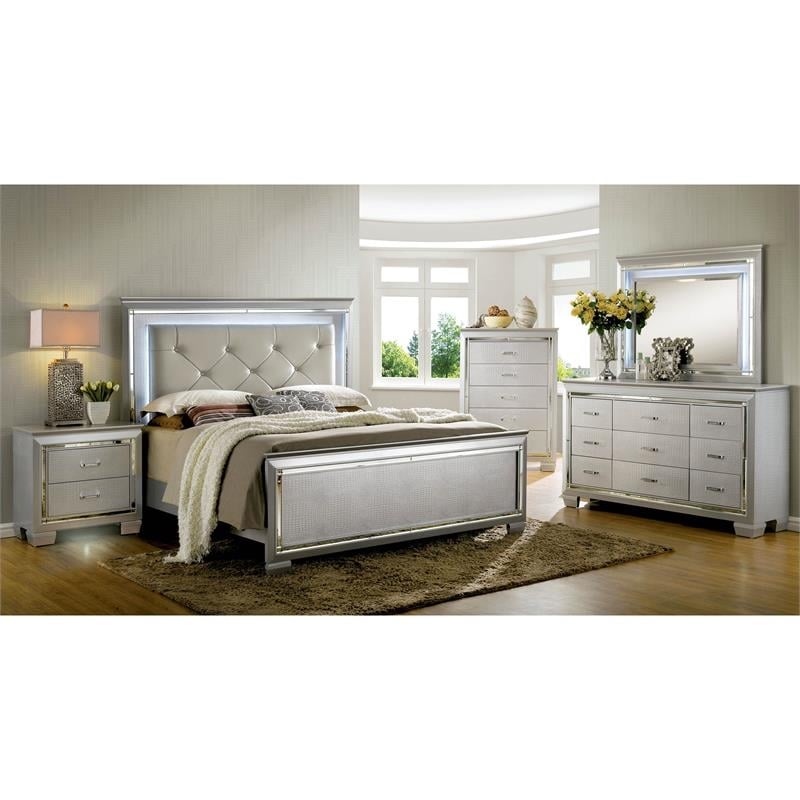 Bowery Hill 9 Drawers Contemporary Wood LED Dresser and Mirror Set in Silver