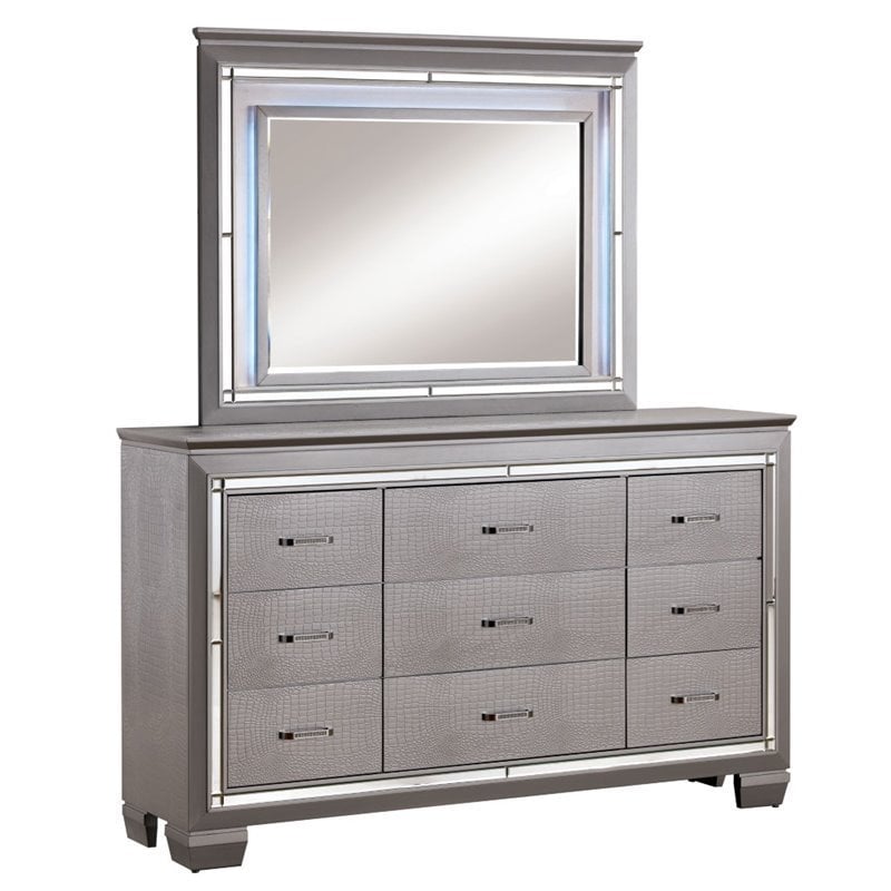 Bowery Hill 9 Drawers Contemporary Wood LED Dresser and Mirror Set in Silver