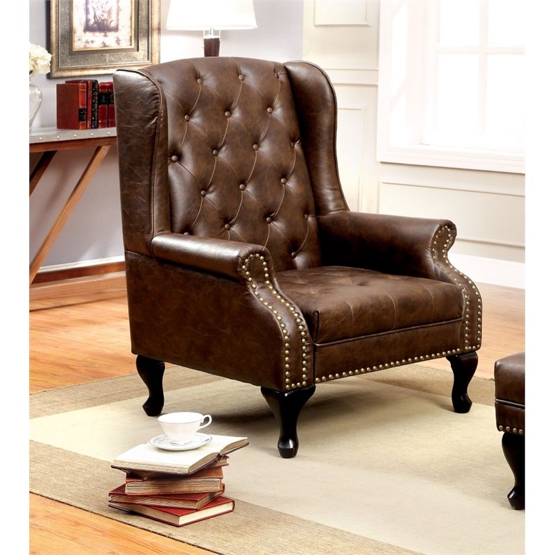 Bowery Hill Traditional Faux Leather Tufted Accent Chair in Rustic Brown