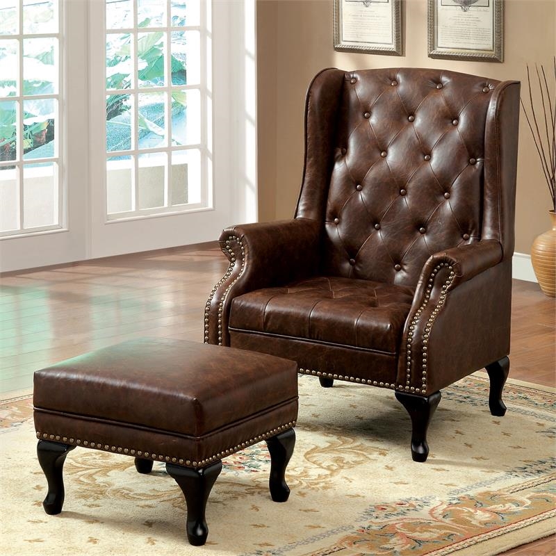 Bowery Hill Traditional Faux Leather Tufted Accent Chair in Rustic Brown