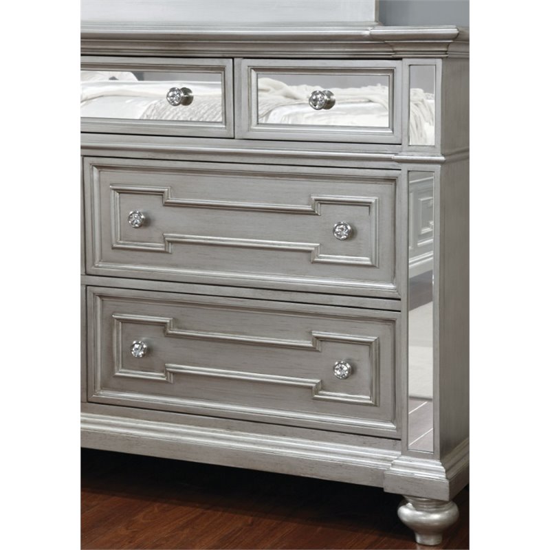 Bowery Hill 7 Drawer Mirrored Dresser, Silver Mirrored Furniture