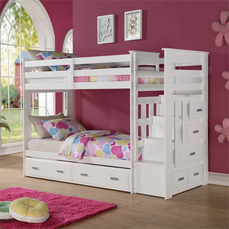 Bowery Hill Contemporary Wood Twin over Twin Bunk Bed with Trundle in White