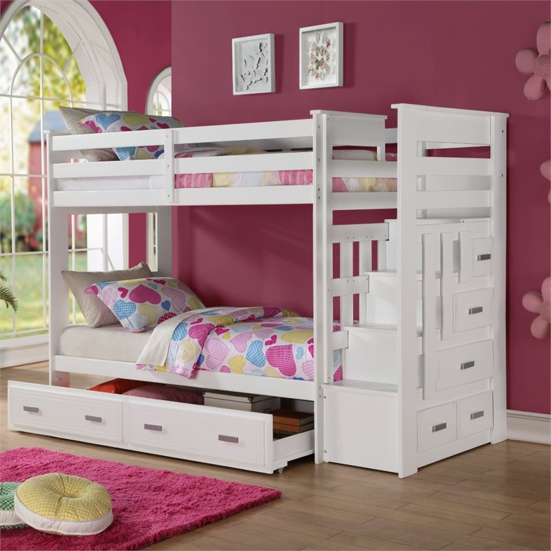 Bowery Hill Contemporary Wood Twin over Twin Bunk Bed with Trundle in White
